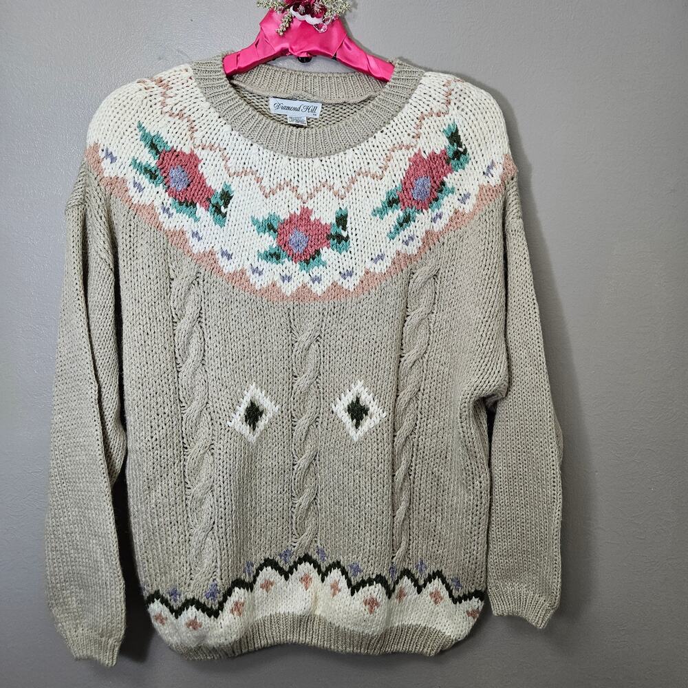 Vintage DiamondHill Sweater Womens 24 FloralYoke CableKnit Beige Cottage Grandma